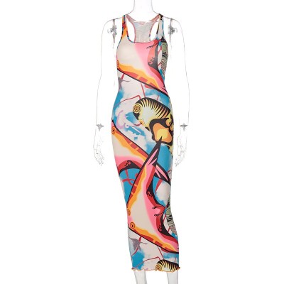 Sleeveless Hollow Out Straps Asymmetric Print Backless Ruched Sexy Maxi Dress Summer 